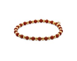 CO88 Colection 8CB-91032 Stalen Armband met Kralen - Dames - Goudkleurig - 3,5 mm - Jaspis - 4 mm - 17 cm - Rekbaar - Rood