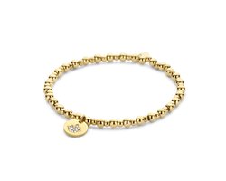 CO88 Collection 8CB-91265 Stalen Kralen Armband met Lotus - 3,9mm en 2,8mm Bolletjes - 10mm Hangertje - Zirkonia - Rekbaar - 17,8cm - Goudkleurig