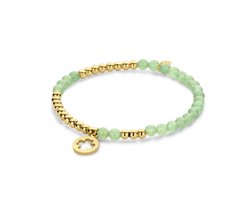 CO88 Collection 8CB-91268 Kralen Armband Staal en Jade met Hangertje - Klaver - 10mm Doorsnee - 4 en 3,5mm - Rekbaar - 17,8cm - Goudkleurig;Groen