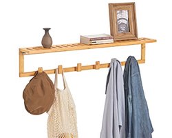 Coat Rack with Shelf - Durable Bamboo - 6 Hooks for Bathroom and Entrance