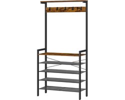 Coat rack with shoe storage - Industrial hallway tree with 5 removable hooks - wooden accent top shelf - Entrance storage shelf halmeubel met kapstok