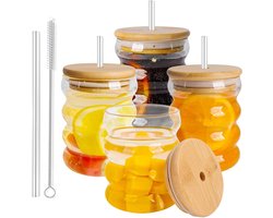 Cocktailglazen set van 4 - Vintage rimpelingsglazen 320 ml met deksels - Glazen kopjes voor bier, water, whisky - IJskoffie glazen bekers - Sap en frisdrank - Houten deksels