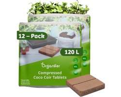 Coco Coir Kokossubstraat Tabletten - 12-Pack Van 10L Zakken, Totaal 120L - Gecomprimeerde Kokosvezel - Tablet/Water 1:3 - Ondersteunt Een Optimale Ph Van 6.4 - Versnelt Waterabsorptie - Herbruikbaar En Duurzaam - Biologisch Afbreekbaar - Organifer