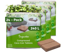 Coco Coir Kokossubstraat Tabletten - 24-Pack Van 10L Zakken, Totaal 240L - Gecomprimeerde Kokosvezel - Tablet/Water 1:3 - Ondersteunt Een Optimale Ph Van 6.4 - Versnelt Waterabsorptie - Herbruikbaar En Duurzaam - Biologisch Afbreekbaar - Organifer