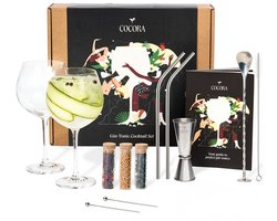 Cocora Gin Tonic Glazen Geschenkset - 12-delige RVS Cocktail Set - Barmaatje, Maatbeker - Barlepel - Kruiden - Botanicals - Receptenboek incl. Aperol Spritz - Zilver