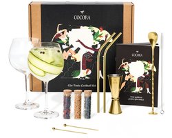 Cocora Gin Tonic Glazen Geschenkset - 12-delige RVS Cocktail Set - Barmaatje, Maatbeker - Barlepel - Kruiden - Recepten Boek - Goud