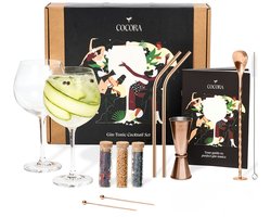 Cocora Gin Tonic Glazen Geschenkset - 12-delige RVS Cocktail Set - Barmaatje, Maatbeker - Barlepel - Kruiden - Recepten Boek - Rosé Goud