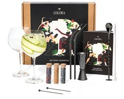 Cocora Gin Tonic Glazen Geschenkset - 12-delige RVS Cocktail Set - Barmaatje, Maatbeker - Barlepel - Kruiden - Recepten Boek - Zwart