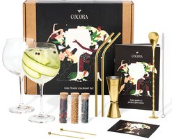 Cocora Gin Tonic Glazen Geschenkset - 12-delige RVS Cocktail Set - Barmaatje, Maatbeker - Lepel - Kruiden - Cocktail Recepten Boek - Goud