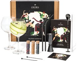 Cocora Gin Tonic Glazen Geschenkset - 12-delige RVS Cocktail Set - Barmaatje, Maatbeker - Lepel - Kruiden - Cocktail Recepten Boek - Zwart