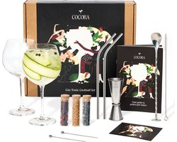 Cocora Gin Tonic Glazen Geschenkset - 12-delige RVS Cocktail Set - Barmaatje, Maatbeker - Lepel - Kruiden - Cocktail Receptenboek incl. Aperol Spritz - Zilver