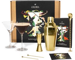Cocora Martini Geschenkset - 8-delige RVS Cocktail Set - Cocktail Shaker - Cocktail Maatbeker - Martini Glazen - met o.a. Pornstar, Espresso Martini - Goud