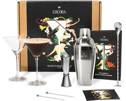 Cocora Martini Geschenkset - 8-delige RVS Cocktail Set - Cocktail Shaker - Cocktail Maatbeker - Martini Glazen - Receptenboek met o.a. Espresso, Pornstar Martini - Zilver