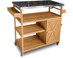 Coemo JAMES houten serveerwagen, keukeneilandwagen met vergrendelbare wielen, roestvrijstalen tafelblad, ook ideaal voor tuin, terras en barbecues 118 x 47 x 92 cm, Bruin