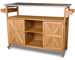 Coemo JAMES houten serveerwagen, keukeneilandwagen met vergrendelbare wielen, roestvrijstalen tafelblad, ook ideaal voor tuin, terras en barbecues 138 x 47 x 92 cm, Bruin
