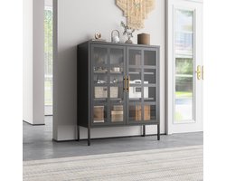 Coemo Ladekast Mein-Regal highboard Glasgow zwart, vitrinekast van metaal, ladenkastje bijzetkast voor woonkamer, kantoor, eetkamer, met glazen deuren in industriële stijl LxBxH 90x35x110 cm voor boeken en decoratie