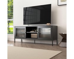 Coemo Ladekast Modern dressoir 'Tokio' Zwart - Praktisch lowboard voor woon- of slaapkamer - vitrinekast Metalen tv meubel met legplank en glazen schuifdeuren - ladenkastje voor tv, hifi, boeken, decoratie