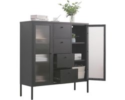Coemo Mein-Regal Highboard Paris Zwart Bijzetkast Woonkamermeubel Metalen kast Legplank en glazen deuren, ladekast voor boeken en decoraties LxBxH ca. 105x35x110 cm