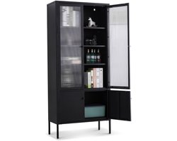 Coemo vitrinekast - Vitrinekast Tokio Modern voor, hal en woonkamer Opbergmeubels - Ladekast Metalen keukenkast vitrinekast in zwart Planchet met deuren en legplanken boekenkast - Hoge kast voor keuken