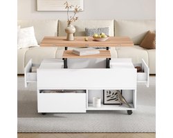 Coffee table, 100 x 50 x 52 cm with 4 wheels, multifunctional living room table with 4 drawers, folding coffee table, height adjustable, side table, white + wood colour