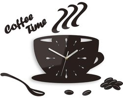 COFFIE TIME 3D Design Klok voor Keuken Zonder Cijfers -  Wandklok- Moderne Klok - Wanddecoratie - Home & Living Design Wand Decor 64 x 43 cm Zwart