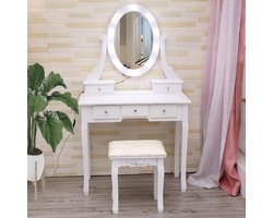 Coiffeuse met Spiegel en Verstelbare LED‑verlichting - Kaptafel met 5 Lades en Krukje, 2‑in‑1 Make‑uptafel/Bureau