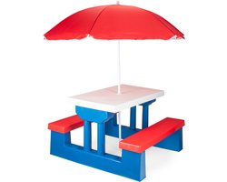 COIL Kinder Picknicktafel met Parasol – Kunststof Tuinset met Bankjes – Weerbestendig – Voor Tuin en Terras - UV-bescherming - Vanaf 3 Jaar - Blauw