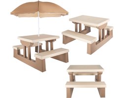COIL Kinder Picknicktafel met Parasol – Kunststof Tuinset met Bankjes – Weerbestendig – Voor Tuin en Terras - UV-bescherming - Vanaf 3 Jaar - Bruin