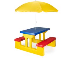COIL Kinder Picknicktafel met Parasol – Kunststof Tuinset met Bankjes – Weerbestendig – Voor Tuin en Terras - UV-bescherming - Vanaf 3 Jaar - Geel