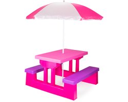 COIL Kindertafels, Tuintafels, Kinderpicknicktafel met Banken, Parasol, Kinderbank, UV-bescherming, Roze