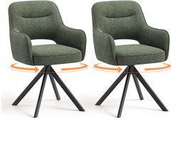 COLAMY 360° draaibare eetkamerstoelen - set van 2 - stoffen stoelen voor de eetkamer met armleuningen - holle rugleuning en dik zitkussen - keukenstoel met antislipzolen - fauteuils voor de woonkamer - groen