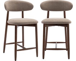 COLAMY barkrukken, set van 2, barkrukken met rugleuning, mid-century modern gestoffeerd, met houten poten voor keukeneiland of eetkamer, camelkleurig