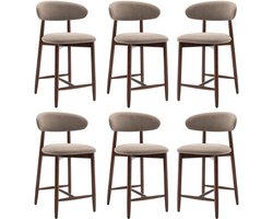 COLAMY barkrukken, set van 6, barkrukken met rugleuning, mid-century modern gestoffeerd, met houten poten voor keukeneiland of eetkamer, camelkleurig