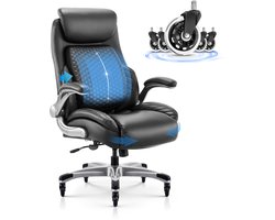 COLAMY bureaustoel Ergonomische bureaustoel met hoge rugleuning en uitklapbare lendensteun, verbeterde wieltjes, verstelbare hoofdsteun, opklapbare armleuningen, lederen zitting met dik kussen voor comfort - zwart