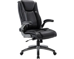 COLAMY Ergonomische bureaustoel, leren bureaustoel met hoge rugleuning, verstelbare lendensteun, dikke kussenzitting, opklapbare armleuningen, schommelfunctie, computerstoel voor thuiskantoor, zwart