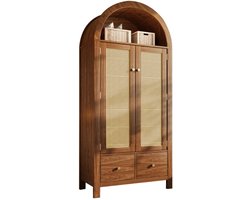 COLAMY Kledingkast - Garderobekast - Rattan Deuren - 2 Laden - Kledingstang - Landelijke Stijl - Walnootlook
