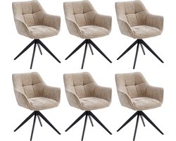 Colenis® - Boston Eetkamerstoel - Set van 6 - Taupe - Chenille Stof - Gestoffeerde zitting - Metalen poten - 180° - Draaistoel
