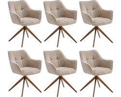 Colenis® - Boston Eetkamerstoelen - Set van 6 - Taupe - Chenille Stof - 180° Draaistoelen - Geborsteld Goud Poten - Gestoffeerde zitting