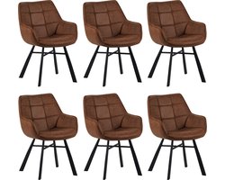 Colenis® - Lenny Eetkamerstoel - Set van 6 - Cognac - Microfiber Stof - Industrieel - Met armleuning