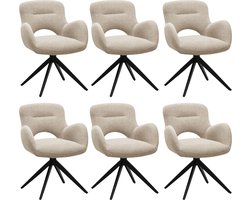 Colenis® - Olena Eetkamerstoelen - Set van 6 - Beige - Bouclé Stof - Luxe Gestoffeerde Zitting - Industrieel Design - Metalen Poten - Stoel - Draaibaar - 180°
