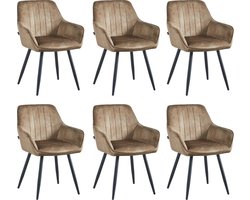 Colenis® - Ozzy Eetkamerstoel - Set Van 6 - Taupe - Adoré Velvet - Industrieel - Met armleuning
