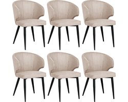 Colenis® - Sara Eetkamerstoel - Set Van 6 - Taupe - Chenille Stof - Industrieel - Zwarte Poten