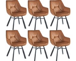 Colenis® - Solido Eetkamerstoel - Set van 6 - Cognac - Microfiber Stof - Industrieel - Met armleuning - Stoel