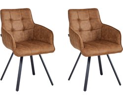 Colenis® - Taha Eetkamerstoel - Set Van 2 - Cognac - Microfiber Stof - Met armleuning - Draaistoel - 180°