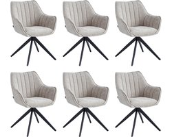 Colenis® - Yasmin Eetkamerstoel - Set van 6 - Taupe - Chenille Stof - Gestoffeerde zitting - Metalen poten - 180° - Draaistoel