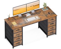 Coleshome bureau met 8 stoffen lades, 140 x 48 cm, bruin bureau met opbergruimte, computertafel, bureautafel, pc-tafel, kantoortafel voor kantoor, woonkamer, thuiskantoor