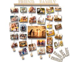 Collage Fotolijst Houten Fotolijst Hangende Fotolijst voor Meerdere Foto's in Kledinglijn Stijl met 35 Houten Knijpers en 6 Hennep Touwen.