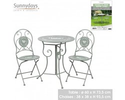 COLLECTIE "MENTON" TUINSET TAFEL EN 2 OPVOUWBARE STOELEN MET METALEN DECORATIE