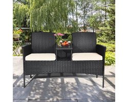 Collox 2-zits bank voor buiten - Tuinmeubilair - Buitenstoel voor 2 personen - Met glazen salontafel in het midden - Inclusief kussen - Zwart - 138 x 61 x 85 cm