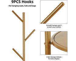 Collox Kapstok - Standaard - Kledinghanger - Rek - 9 haken en 2 plateau's - Goud met marmeren voet - Hoogte 172,5 cm